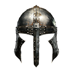 Historic metal helmet displayed against a black background highlighting its intricate design and craftsmanship, helmet with a metal structure on a black background, white background