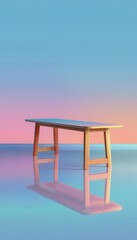 Wooden bench reflecting below on shiny surface, gradient backdrop