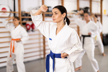 Sportive female practitioner of karate courses performing fighting positions in sports hall