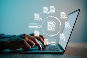 Businessman touching approved document icon on digital documents for approve business project proposals. Quality assurance and online evaluation of business concept