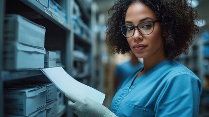 professional pharmacist focuses on counting prescription pills using digital dispensing tray in clean and organized pharmacy environment safety precautions are maintained sterile gloves