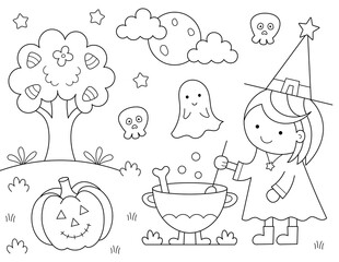 cute Halloween coloring page with a little girl. You can print it on 8.5x11 inch paper