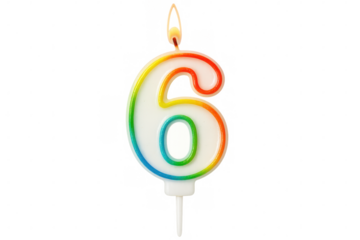 Vibrant number 6 birthday candle glowing against transparent backdrop, highlighting special sixth milestone celebration
