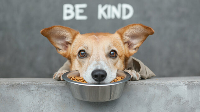 Caring corgi dog resting its chin on a bowl of kibble with a warm expression, against a textured gray background with "BE KIND" text, compassionate concept of pet care or animal shelter