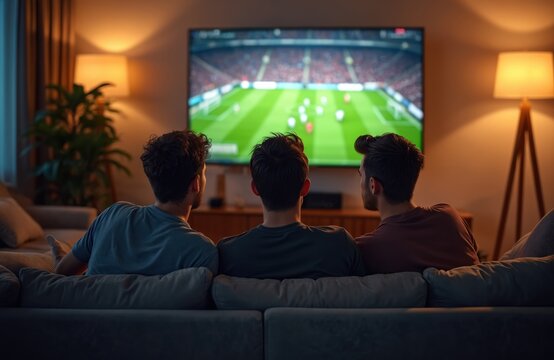 Three male friends watch soccer competition on TV, sitting on sofa in cozy living room during evening. People enjoy recreational activity, socialising, camaraderie. Concept of friendship, leisure,