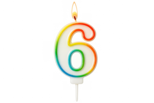 Vibrant number 6 birthday candle glowing against transparent backdrop, highlighting special sixth milestone celebration - Powered by Adobe