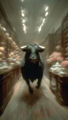 A black bull charging down a long, ornate corridor
