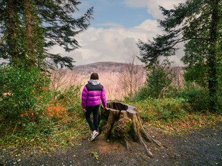 A woman stands in front of a tree stump in a forest. The stump is surrounded by trees and the sky...