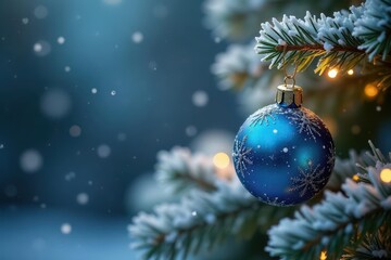 Obraz premium Delicate snowflakes dance around a lone blue Christmas ornament on a frosty tree branch adorned with golden lights, Snowflakes, Golden Lights