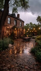 A brick home with a garden, reflecting a storm's lightning and rain