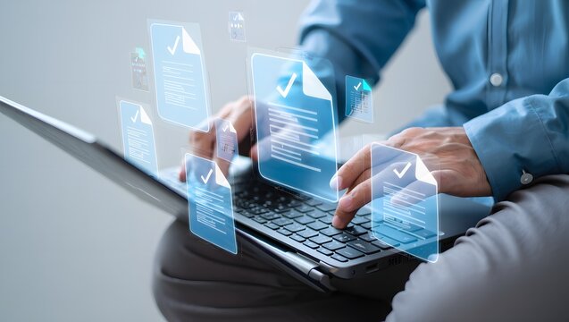 Businessman touching approved document icon on digital documents for approve business project proposals. Quality assurance and online evaluation of business concept