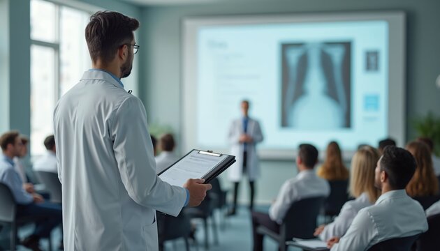 Doctor gives presentation in lecture hall, medical conference. Speaker in white coat with clipboard. Audience listens to medical lecture, hospital interior. Healthcare training education.
