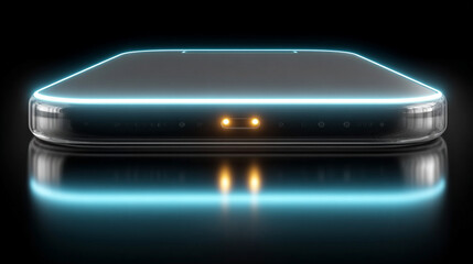 A glowing digital tablet shines brightly against a black background, highlighting sleek modern technology and vibrant digital interface. The illuminated screen symbolizes connectivity, innovation, and