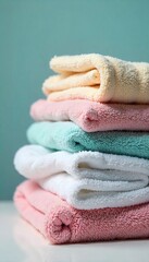 Freshly Folded Laundry A Stack of Soft Towels and Crisp Shirts Ready for Storage, Showcasing Meticulous Laundry Care and Attention to Detail.
