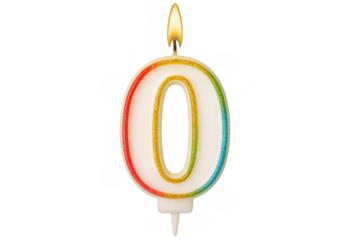 Zero birthday candle glowing with vibrant rainbow-colored flame against transparent surface