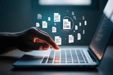Obraz premium Businessman touching approved document icon on digital documents for approve business project proposals. Quality assurance and online evaluation of business concept