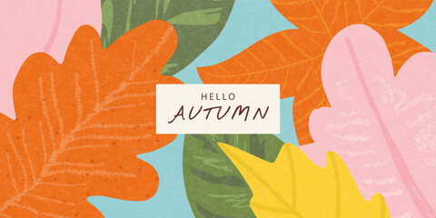 Colorful autumn leaves, background in a textured drawing style, for a seasonal promotion or website backdrop, vector illustration.