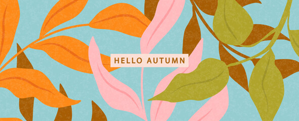 Autumn botanical background with colorful branches and leaves in a textured flat design style, for a fall seasonal banner, vector illustration.