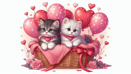 An illustrative postcard of cute cartoon kittens in a basket with balloons in the shape of hearts. Vector graphics. EPS.