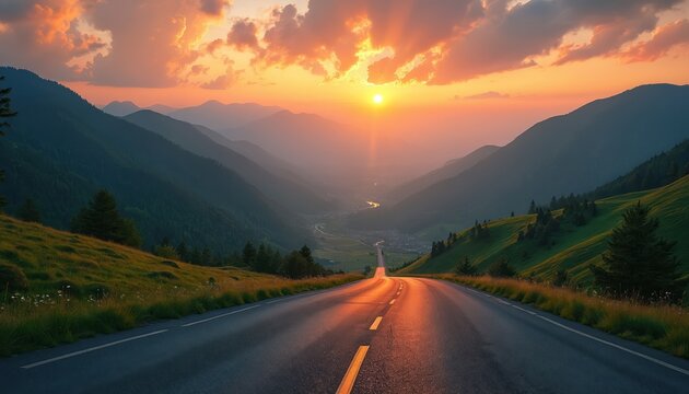 Asphalt highway road stretches towards sunset between green mountains. Driving along empty road through valley with stunning view of sunrise. Scenic landscape with sun, clouds, horizon, travel,
