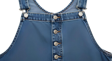 Blank denim dungaree strap being buttoned, isolated