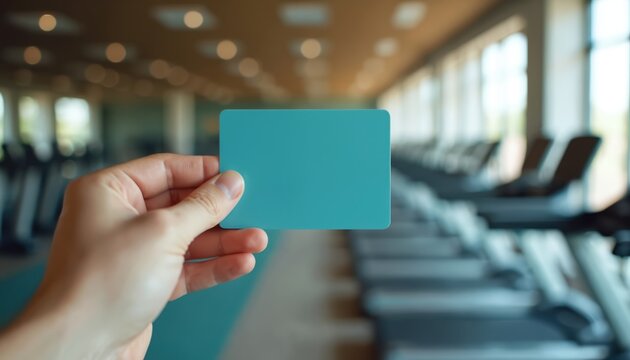 Hand holds blank gym membership card against blurred gym interior. Access card with empty space for name, barcode, or logo. Physical exercise, fitness training and subscription.