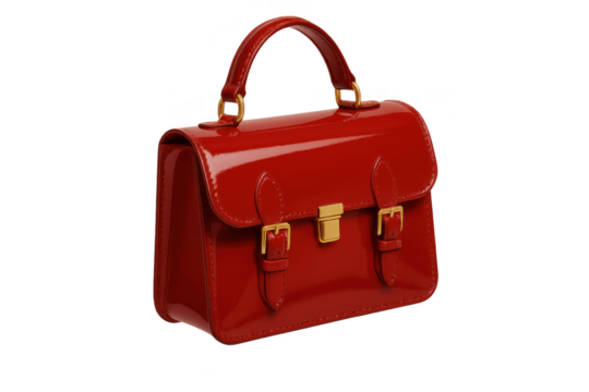 Glossy red patent leather handbag, isolated on a transparent background for design