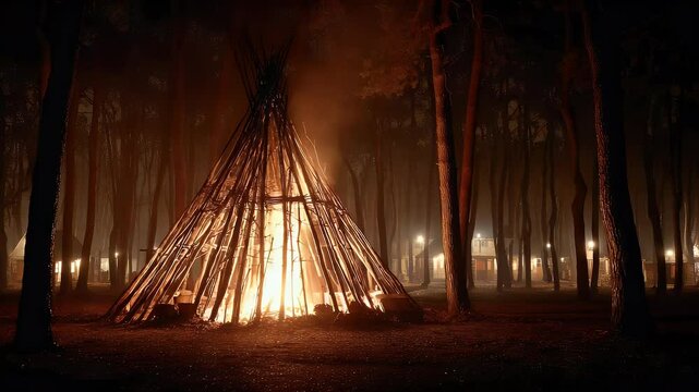 Burning Teepee in Forest at Night: Campfire, Fire, Smoke, Warmth