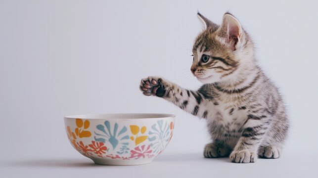 Cute striped kitten reaches for a decorative bowl on a light background in a cozy indoor setting
