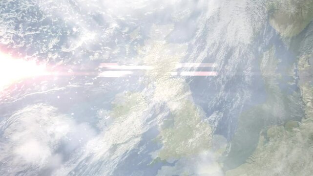 Earth zoom in from space and focus on Ayr, Scotland, South Ayrshire, Great Britain. Background for travel intro or blog. Satellite view. 3D style Animation. Images from NASA.