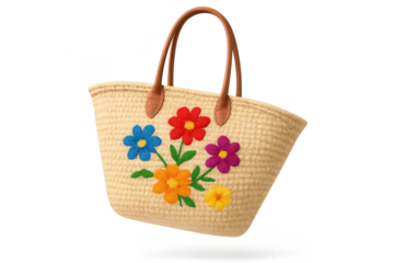 Summer straw tote bag with vibrant flower embroidery isolated on transparent
