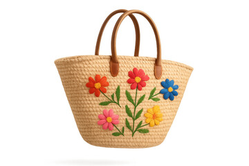 Stylish straw beach bag with colorful floral decorations, isolated on transparent background