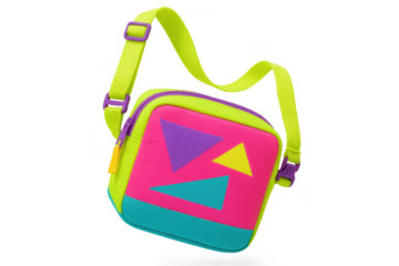 Retro neon geometric bag, 90s fashion, isolated on transparent background.