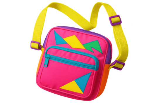 Vibrant multi-color 80s style shoulder bag isolated on transparent background