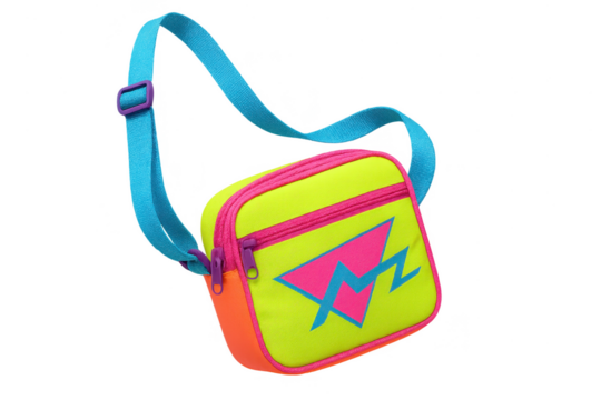 Vibrant neon retro shoulder bag with geometric design isolated on transparent background
