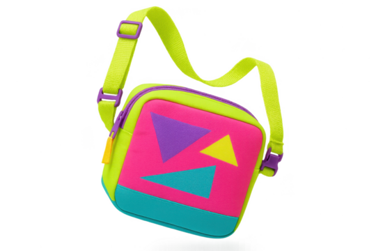 Retro neon geometric bag, 90s fashion, isolated on transparent background.