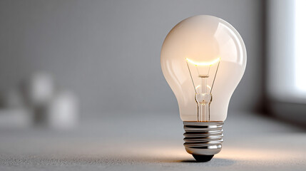 A glowing light bulb shines brightly in a dark room, symbolizing creativity, inspiration, and the spark of new ideas. The blurred background emphasizes focus on the light, representing innovation and 