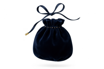 Elegant dark blue velvet drawstring pouch isolated on transparent background.