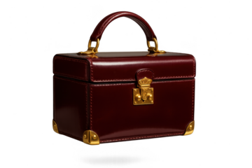 Maroon leather vanity box with gold accents isolated on transparent background