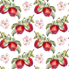Seamless watercolor pattern with red apples, green leaves, and pink apple blossoms in botanical style. Perfect for textile design, packaging, kitchen accessories, wallpaper, and natural food branding.