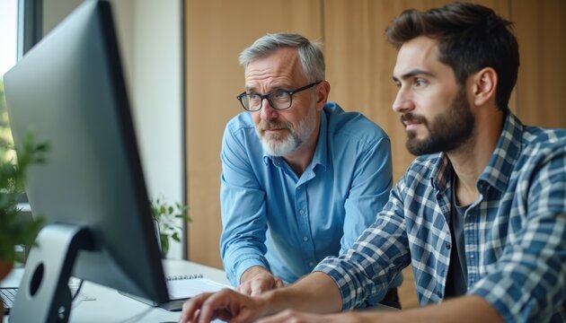 Senior mentor guides junior employee on computer. Two men look at screen, discussing task. Teamwork, cooperation at workplace. Learning, training, mentoring, coaching. Digital tech and business. - Powered by Adobe