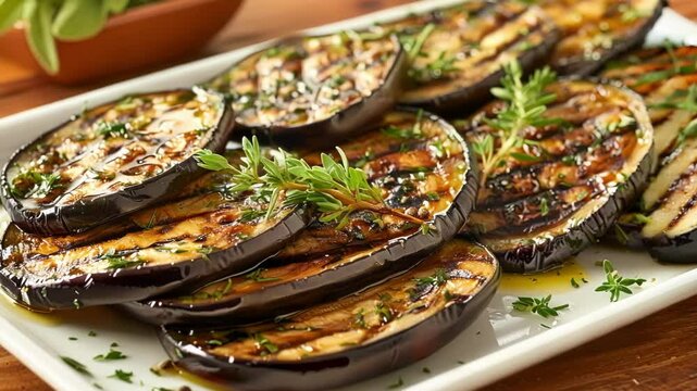 Slices of grilled eggplant seasoned with fresh herbs are served on a white rectangular plate, they make a delicious side dish or vegetarian starter