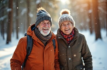 Happy senior couple enjoys winter walk in snowy forest. Elderly man, woman smiles, laugh together outdoors, wearing warm hats, jackets. Snowflakes fall. Winter vacation, active lifestyle concept.