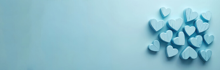 Wooden blue hearts on blue background. Design element, decoration, background for holiday. Valentine Day card, love concept, romantic mood. Empty space for text on the left side.