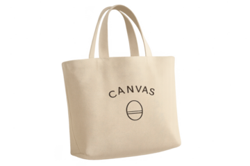 Beige canvas tote bag with 'CANVAS' text isolated on transparent background