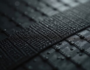 Close-up of black metal band with pattern of small squares. Shiny metallic texture. Modern industrial design. Drops of water. Surface of speaker grill. Dark metal background.
