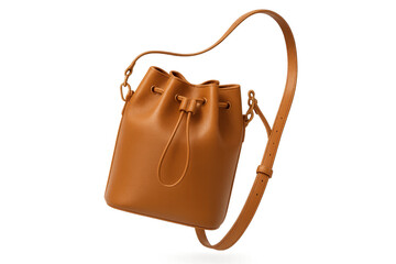 Brown leather bucket bag with strap, isolated on transparent background.