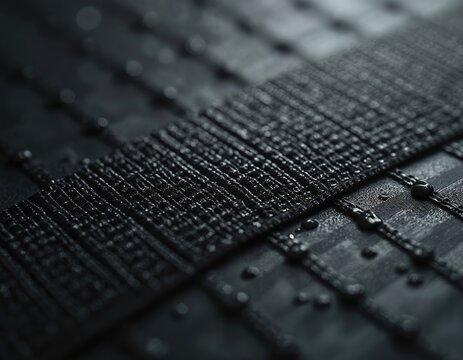 Close-up of black metal band with pattern of small squares. Shiny metallic texture. Modern industrial design. Drops of water. Surface of speaker grill. Dark metal background.