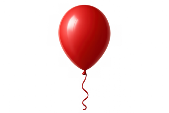 Red balloon hovering, curled string suspended, transparent backdrop highlighting festive graphic design element