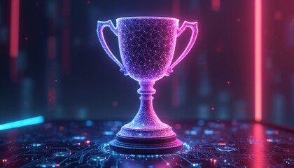 Futuristic digital trophy cup in cyber space. Neon colors, glowing. Technology award, achievement, success concept. Abstract three-dimensional modern design on digital circuit board.